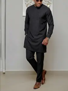 Muslim Men's 2-Piece Set African Style Kaftan Traditional Clothing, Long Sleeve Embroidered Blouse & Pants, Formal Occasions, Rhinestone Accent