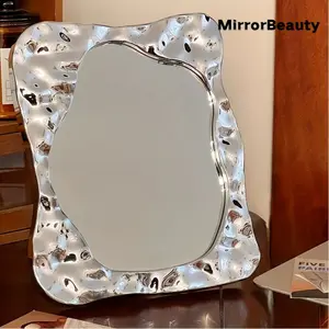 Irregular-shaped mirror-Desktop mirror with electroplated frame, coastal photo props for home, bathroom, salon, video recording and video shooting, for visual effect.