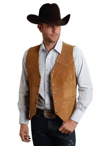 Men's Suede Leather Vest Vintage Cowboy Style Sleeveless Jacket Slim Fit Wedding Waistcoats