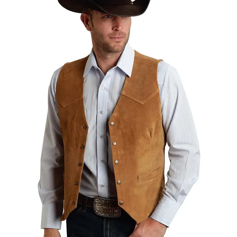 Men's Suede Leather Vest Vintage Cowboy Style Sleeveless Jacket Slim Fit Wedding Waistcoats