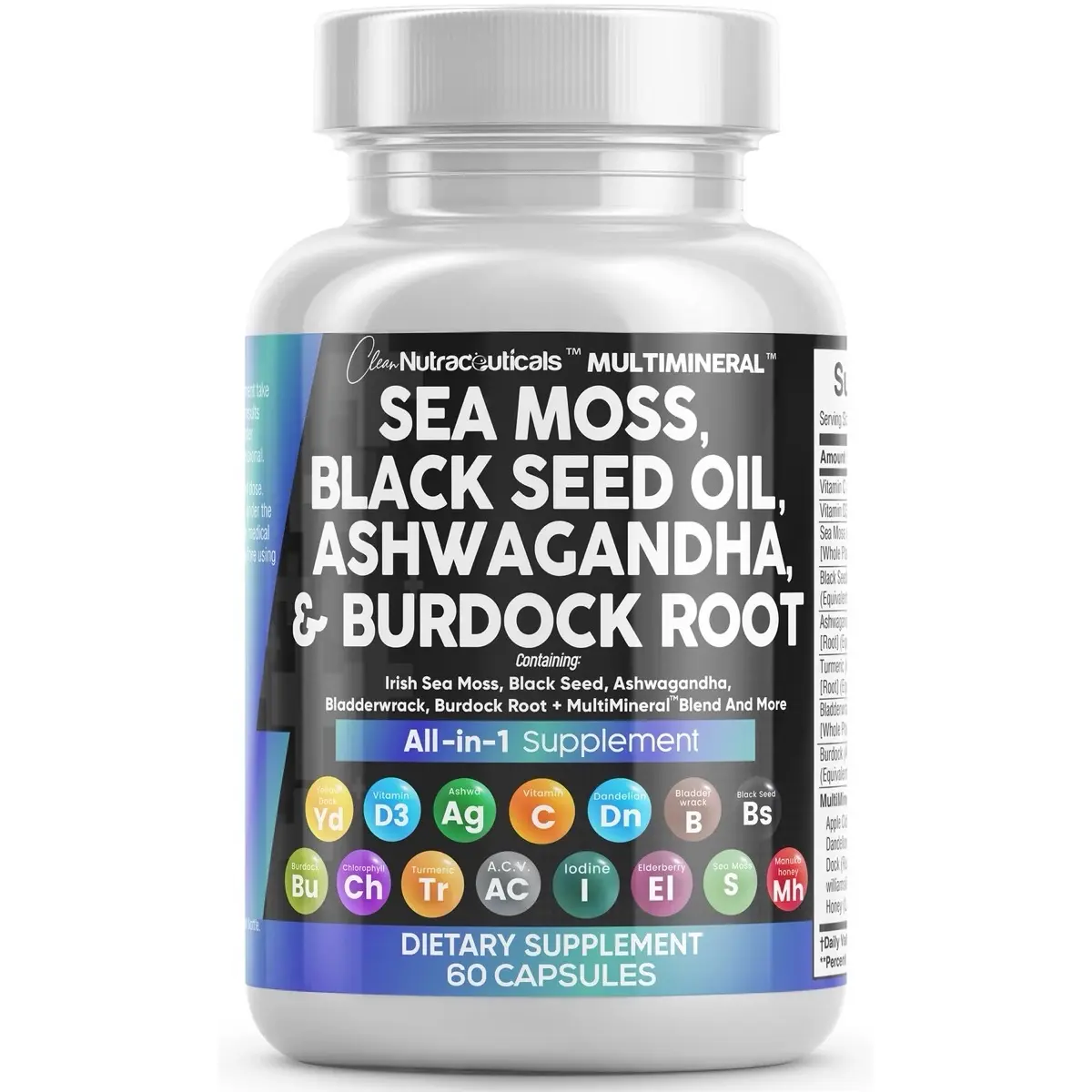 MultiMineral Sea Moss 3000mg Black Seed Oil 2000mg Ashwagandha 1000mg Turmeric 1000mg Bladderwrack 1000mg Burdock 1000mg & Vitamin C Vitamin D3 with Elderberry Manuka Dandelion Yellow Dock Iodine Chlorophyll ACV