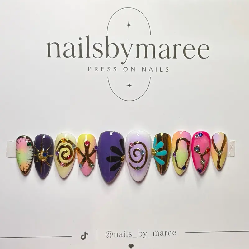 Nails by Maree Press On Nails - Colorful Floral & Geometric Designs - Perfect for Any Occasion - Easy to Apply - 10 Pieces