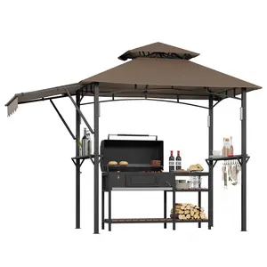 9x5 ft Grill Gazebo with Side Awning, Double-Tier BBQ Canopy with 2 Side Shelves, 4 LED Lights,10 Hooks & Bottle Opener, Heavy-Duty Outdoor Grill Shelter for Patio, Backyard, Garden, Deck,Coffee