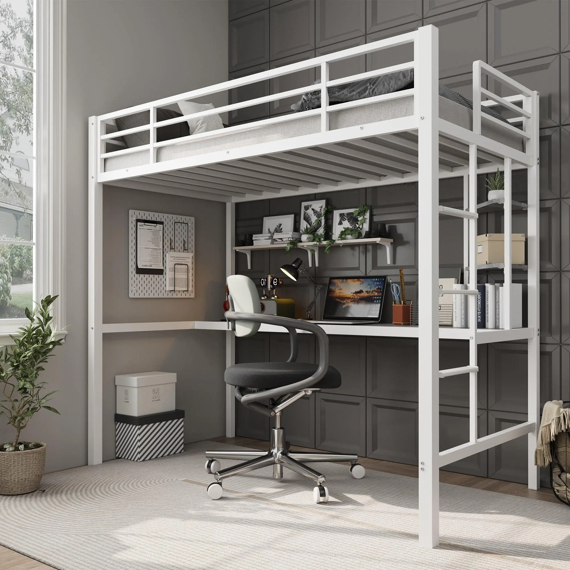 Garvee Heavy Duty Twin Size Metal Loft Bed Set - With Large Desk, Storage Shelves, Safety Rail, Ladder, Steel Slats Support, Space-Saving Indoor Furniture for Kids (White and Gray)