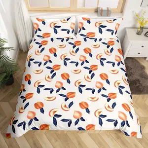 Feelyou??????Decorative Duvet Cover Set, All-Season Cute Peach Cartoon Fruit Bedding Set, Kawaii Aesthetic Stripes Soft Comfy Filler-Free Bedding for Home Bedroom, Bed Sets