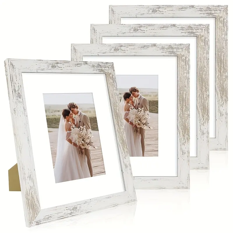 8x10/5x7 Picture Frame 4pcs, Distressed White Frame, 8 By 10 Photo For Wall Or Tabletop - Display Picture 5x7 With Mat Or 8x10 Without Mat