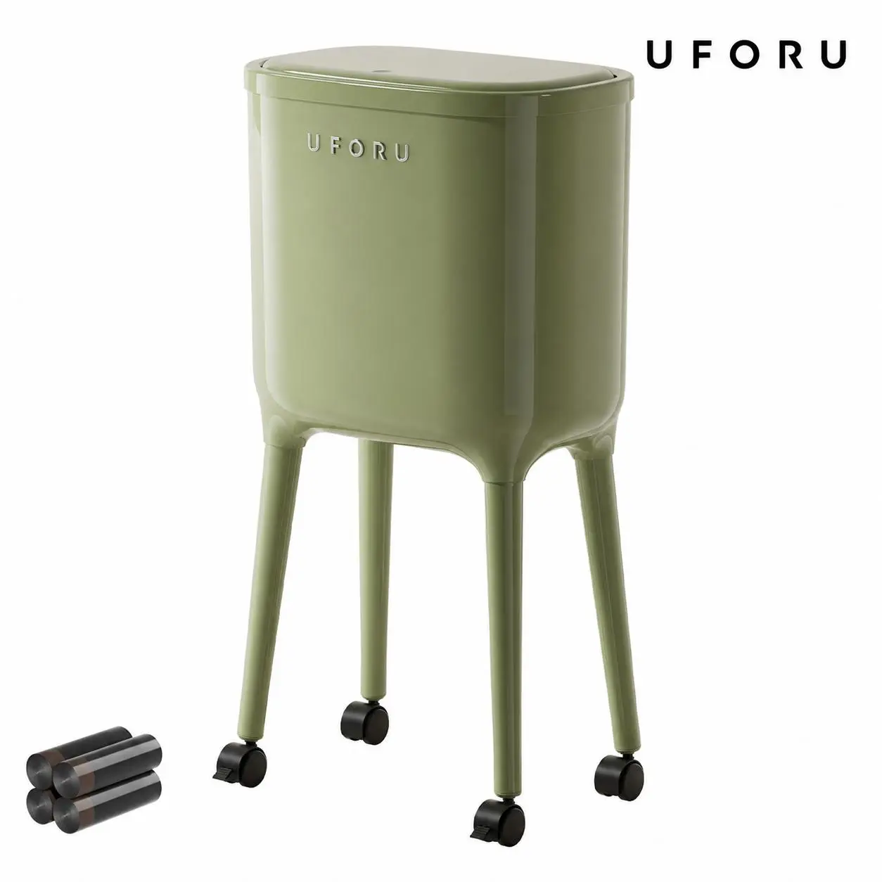 UFORU 16L Rolling Trash Can - High-Leg No-Bend Design, Pressure-Sealed Odor-Proof Lid, Lockable Wheels, Durable ABS & PP Construction, 60 Trash Bags Included, 3 Color Options for Kitchen & Living Room