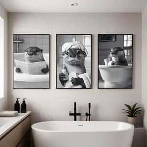 3 piece poster set of otters in the bathroom, featuring interesting black and white wall decorations with animal patterns, suitable for guest rooms, bathrooms, or toilets.