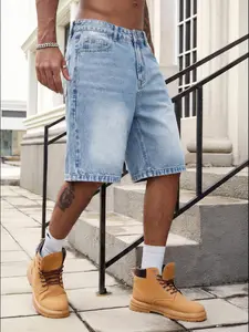 American Vintage Light Blue Denim Shorts, Classic Casual Fitted Style, Drawstring Waist, Adjustable, Pockets, Short Length, Men's Fashion Pants