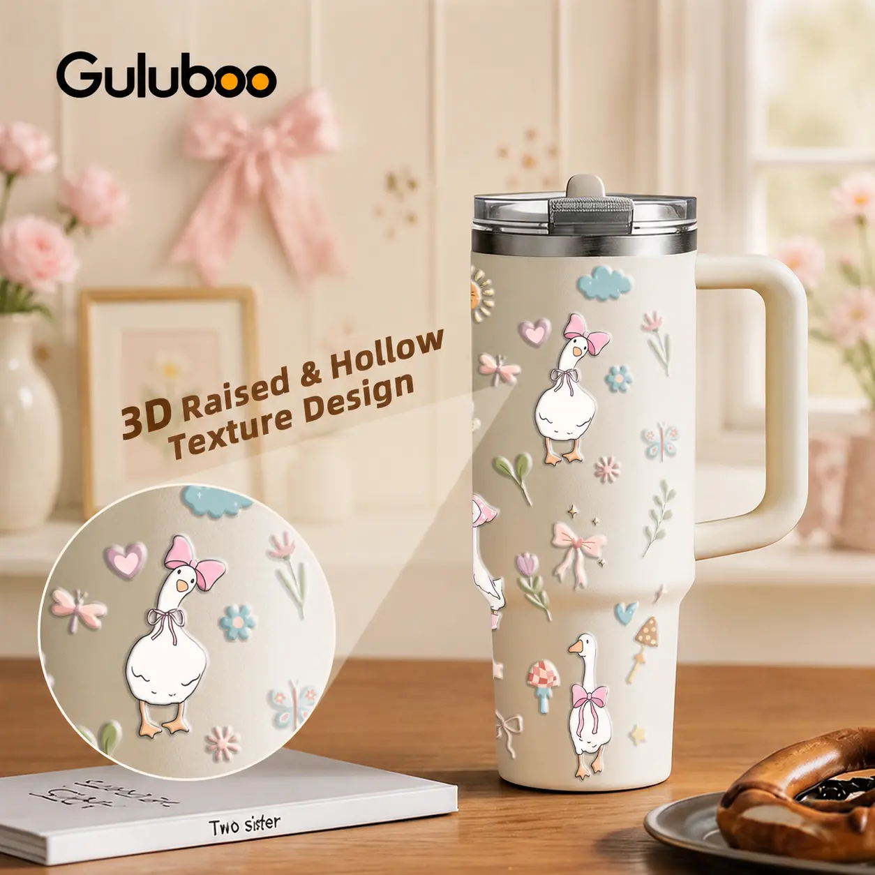 GuLuBoo Cute Goofy Duck Vacuum Flasks 40oz Stainless Steel Insulated Tumbler, Leakproof Travel Mug with Straw, Unique 3D Raised Texture Design Portable Water Bottle for Coffee, Gym & Office, Creative Drinkware Cups