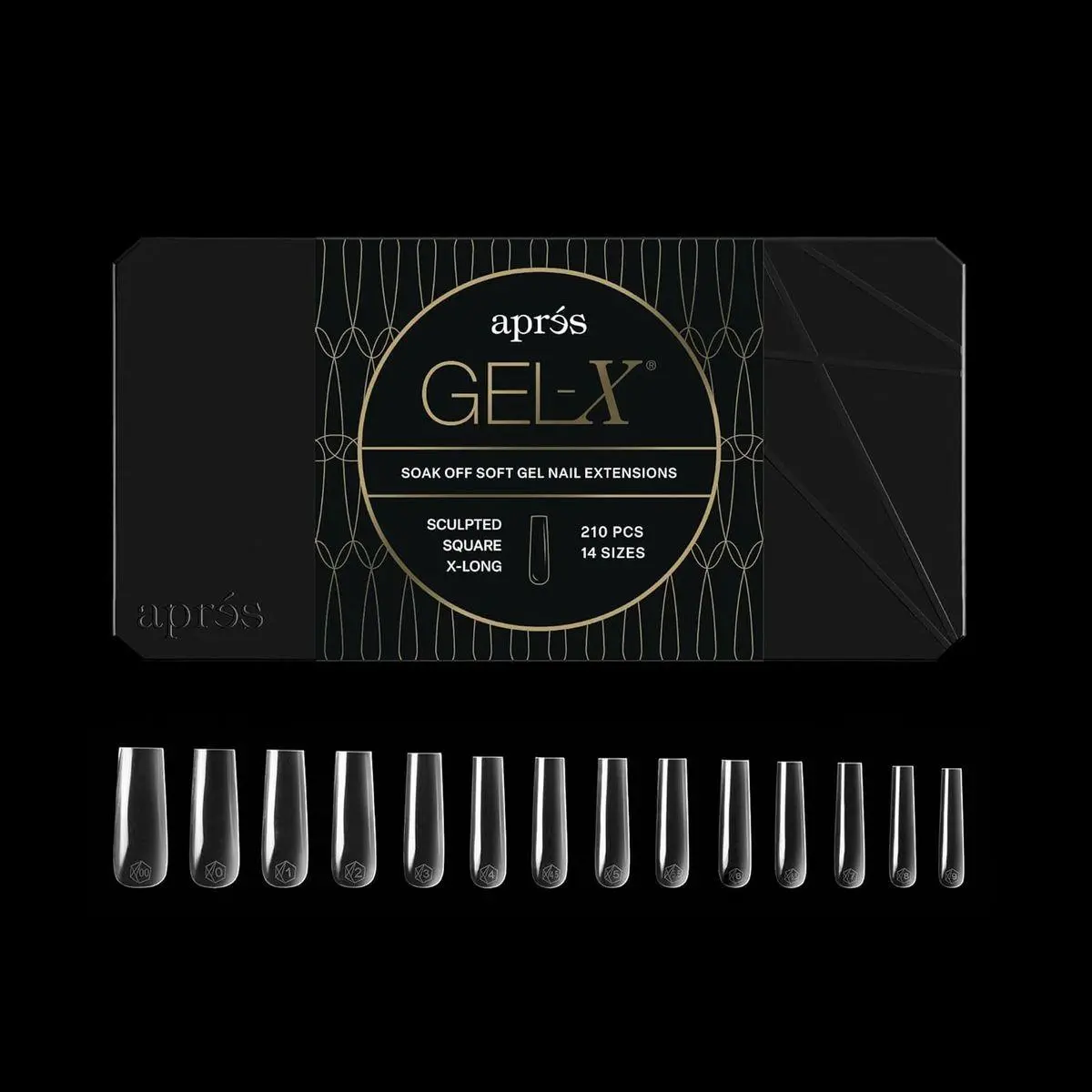 Apres Gel-X Sculpted Box of Nail Tips, 14 Sizes 00-9, Soft Gel Tip Box (210pcs) (Sculpted Square Extra Long, 210)