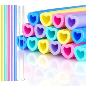 Reusable Silicone Drinking Straws 15 Pack - Heart-Shaped Straws with 2pcs Cleaner Brushes for Smoothies, Cocktail, and Dishwasher Safe - Drinkware