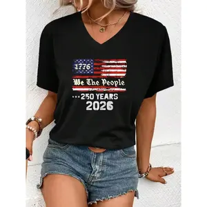 2026 V-neck T-shirt, white, American flag, We the People, 1776, 250th anniversary Independence Day celebration, casual wear