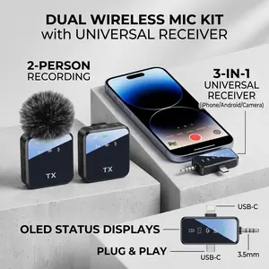 Multi-scene Mini Wireless Microphone, 3-in-1 Universal Connection, 48kHz/24-bit Hi-Res Audio, Intelligent Noise Reduction, 328ft Signal Coverage and 20 Hours Continuous Use, Great for Live Streaming and Video Recording