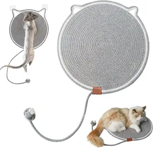 Cat Toy Scratcher Mat with Ball, Natural Cotton Rope Cat Scratch Pad, 17'' Round Horizontal Floor Cat Scratching Pads for Indoor Cats, Cat Furniture Protector for Wall, Couch, Carpets, Sofas