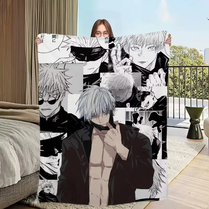 Satoru Gojo Black and White Manga Blanket, Soft Flannel Throw, Jujutsu Kaisen Character Print Nap Blanket, Warm Cozy Bedroom Couch Blanket, Popular Decorative Blanket, Giftable Blanket for Anime Fans & JJK Enthusiasts
