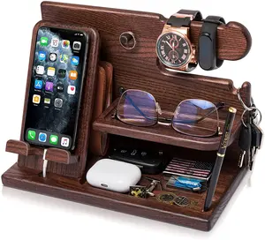 TESLYAR Wooden Phone Docking Station - Elegant Desk & Nightstand Organizer - Ideal Gift for Men - Key Holder, Wallet Stand, Watch & Essentials Storage - Bourbon Brown - Smart Design for All Smartphones - Eco-Friendly Gift Box