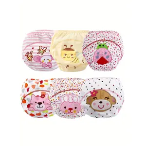 6-Pack Fashion Cotton Baby Training Pants Reusable Waterproof Girls Potty Underpants Cute Embroidery Patterns Toddler Kids Breathable Soft Underwear childrens luxury