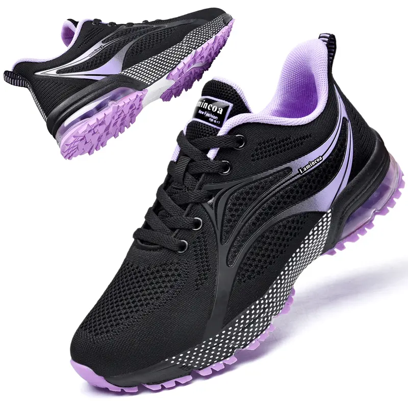 Women's Braid-Design Knit Mesh Running Sports Shoes - Lace-Up Casual Sneakers with Air Cushion, Removable Insole, Lightweight Fabric, for Walking, Camping