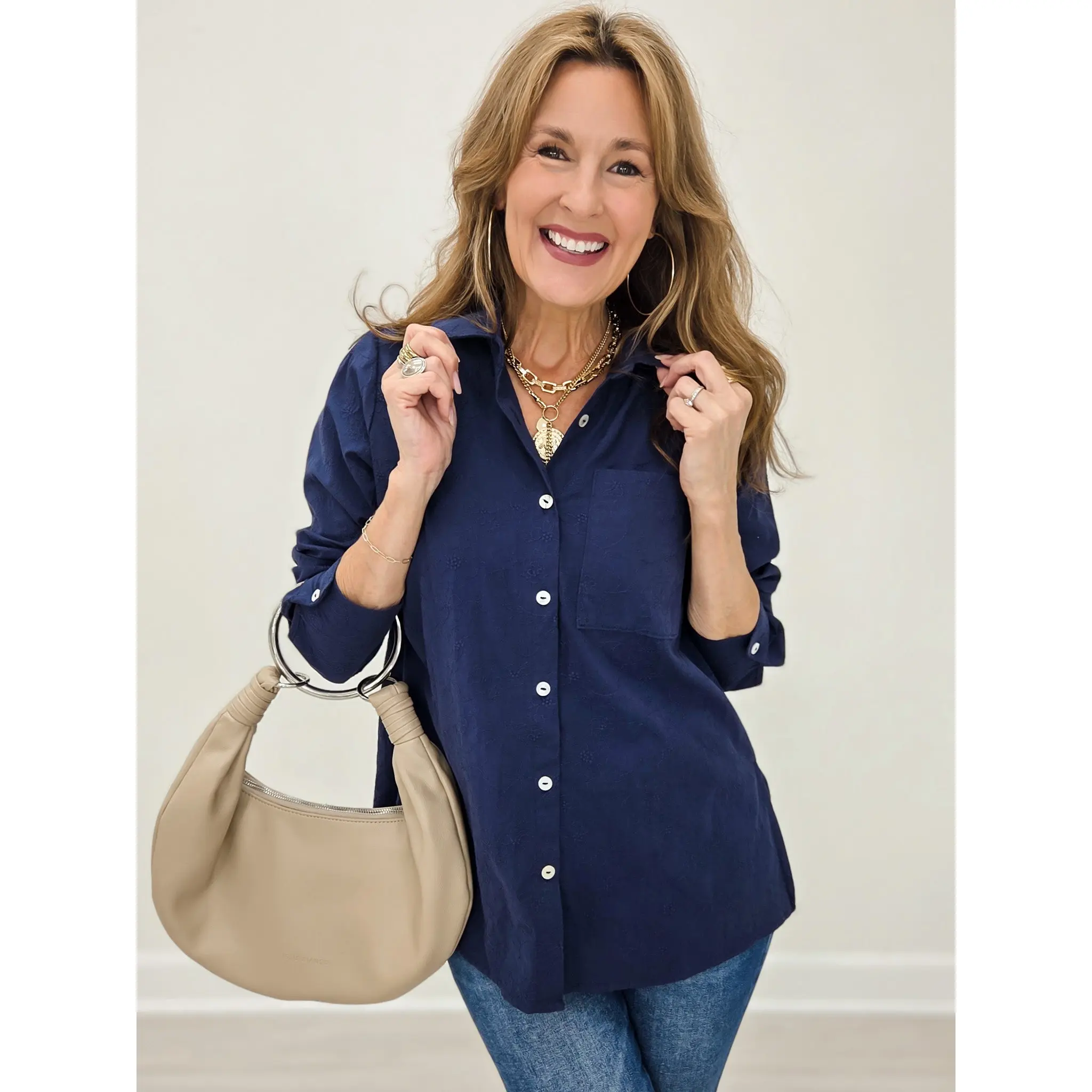 Long Sleeve Collared Button Down Top in Navy