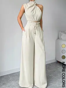 Valentine's Day Women's Solid Color Crop Tank Top & Wide Leg Pants Two-piece Set, Elegant Fashion Casual Top & Trousers for Daily Outdoor Wear, Women's Clothing for Summer