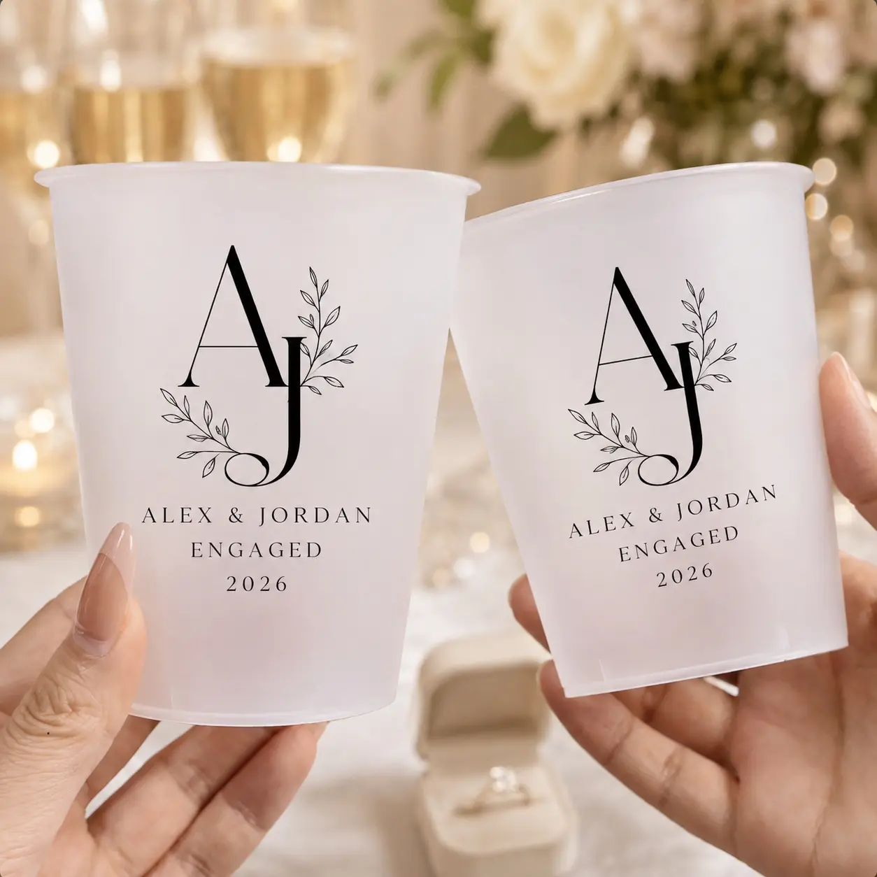 Personalized Engagement Party Cups, Custom Couple Monogram Frosted Cups, Made to Order