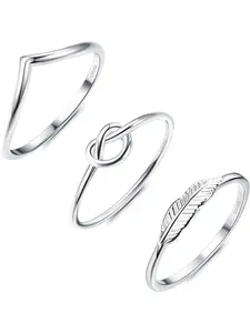 3 Pcs 925 Sterling Silver Rings Set for Women | 18K White Gold Plated Wishbone Love Knot Feather Dainty Interlocked Stackable Rings | Tarnish Resistant Stacking Knuckle Thumb Rings Comfort Fit Size 5-10