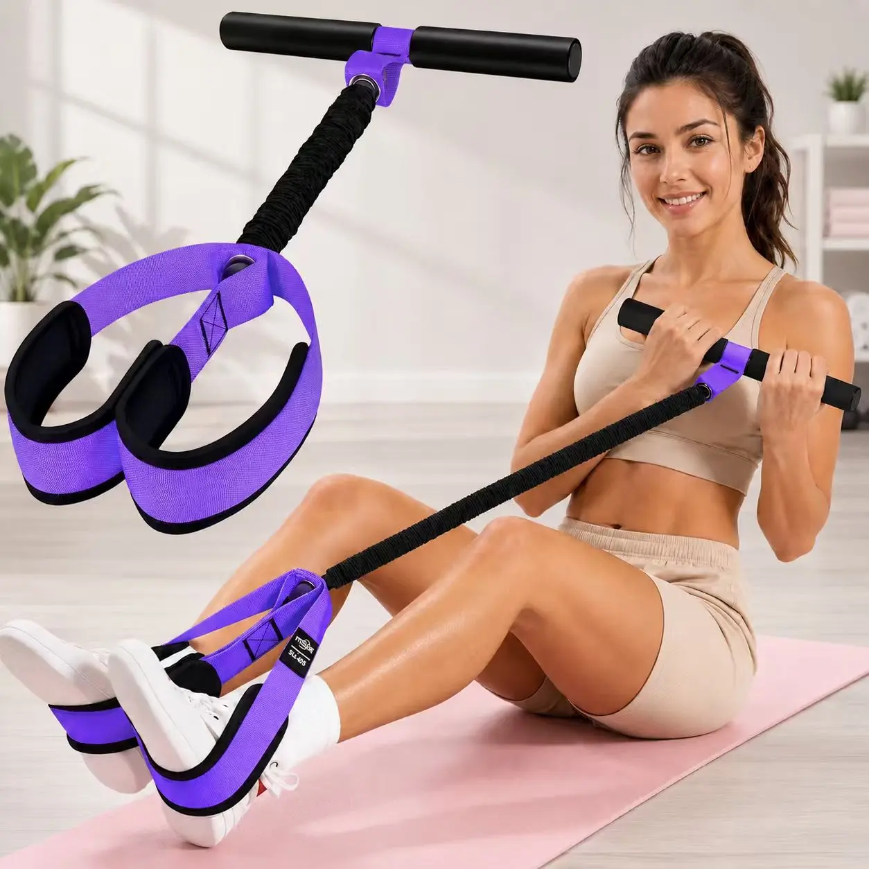 Full Body Pedal Resistance Band with T-Bar Handle and Dual ft Pedals, Portable Home Workout Equipment for Core, Arms and Legs exercise sit-up