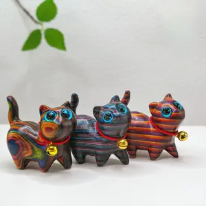 Cute Rainbow Wood Carved Small Cat Statue, Creative Wooden Decoration for Home, Holiday Entryway Ornament, Home Decor Ornaments, Decorative Figurines, Ideal Christmas New Year Gift