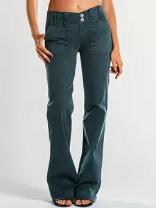 Women's Double-Button Solid-Color casual outdoor pant  Shaping Straight Jeans Womenswear Denim