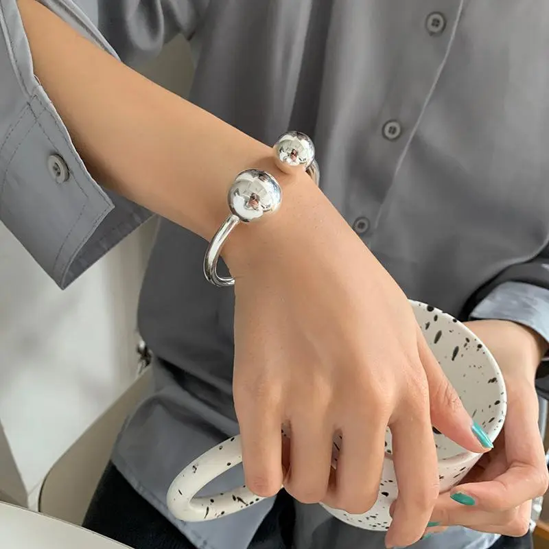 925 Sterling Silver Simple 2-Ball Design Lady Bangle, No-Fade Elegant Versatile Wholesale Fashion Jewelry, Ideal Girlfriend Gift Pretty Bracelet Jewelry Bracelet