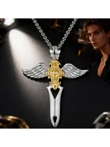 Sword Wing Cross Necklace | Clash of Edge and Soft Feathers | Story-rich Metallic Texture