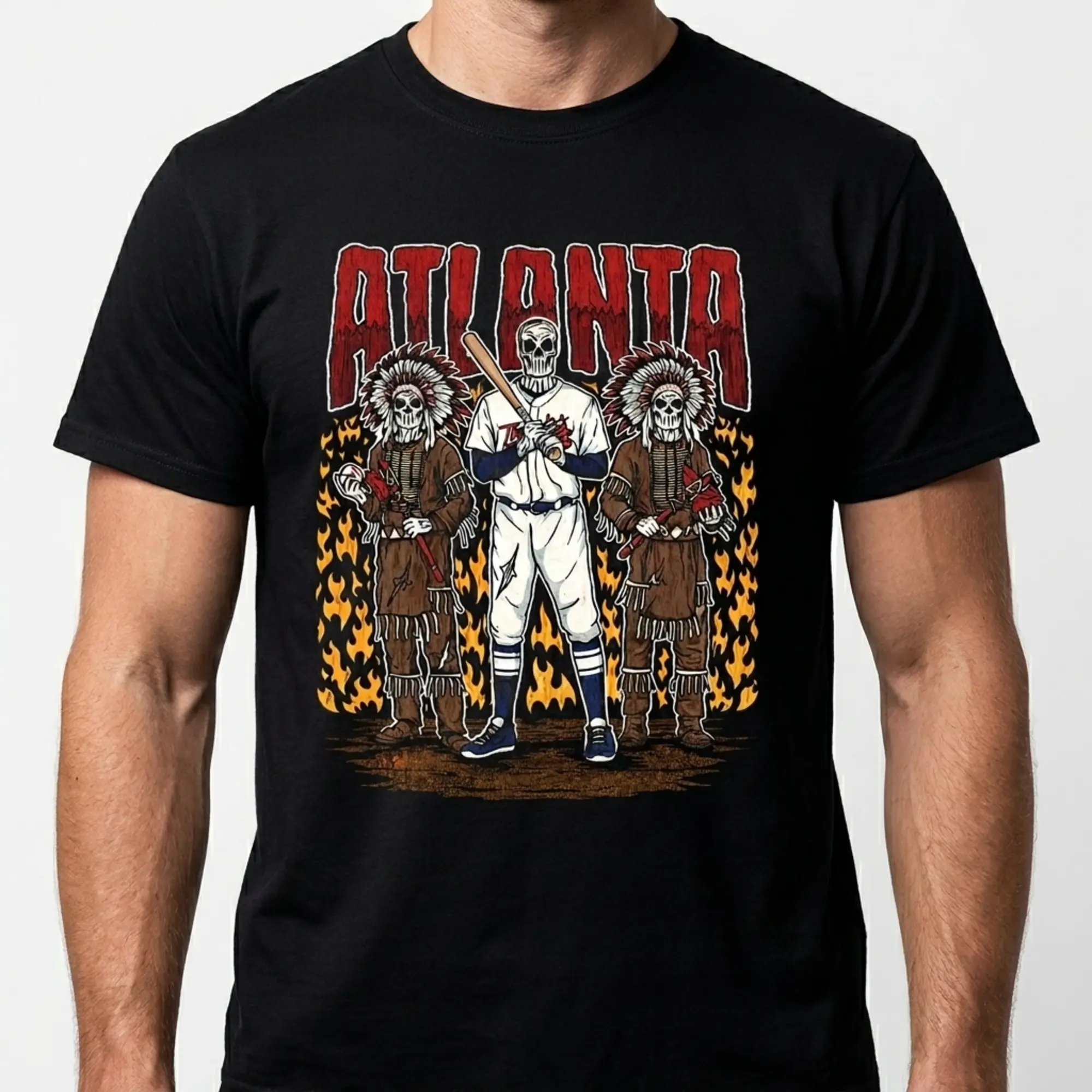 [Sale Up To 50%] Fire Skeleton Atlanta Baseball T-Shirt, Mascot Baseball Shirt, Atlanta Baseball Game Day Graphic Tee, Braves Baseball Fan Streetwear