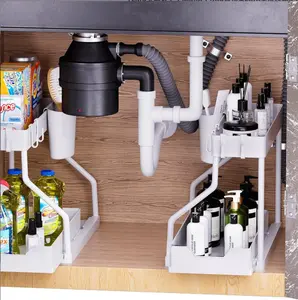 2 Pack white Under Sink Organizers and Storage, 2-Tier Sliding Cabinet Basket Organizer with Hooks, Multi-Purpose Under Sink Organizers and Storage for Bathroom Kitchen
