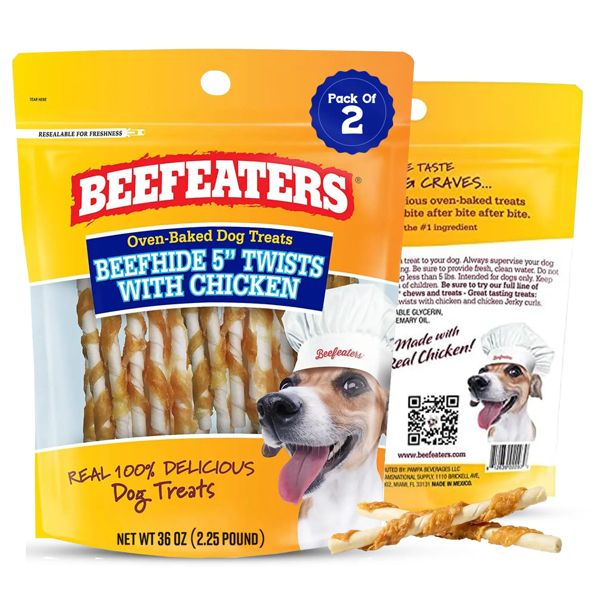 Beefeaters Beefhide 5in Twist Sticks with Real Chicken 36oz (Pack of 2)- Dog Rawhide Chews for Clean Teeth & Training, High Protein Dog Treat Chews, Chicken Wrapped Rawhide Sticks, No Artificial Colors or Flavor