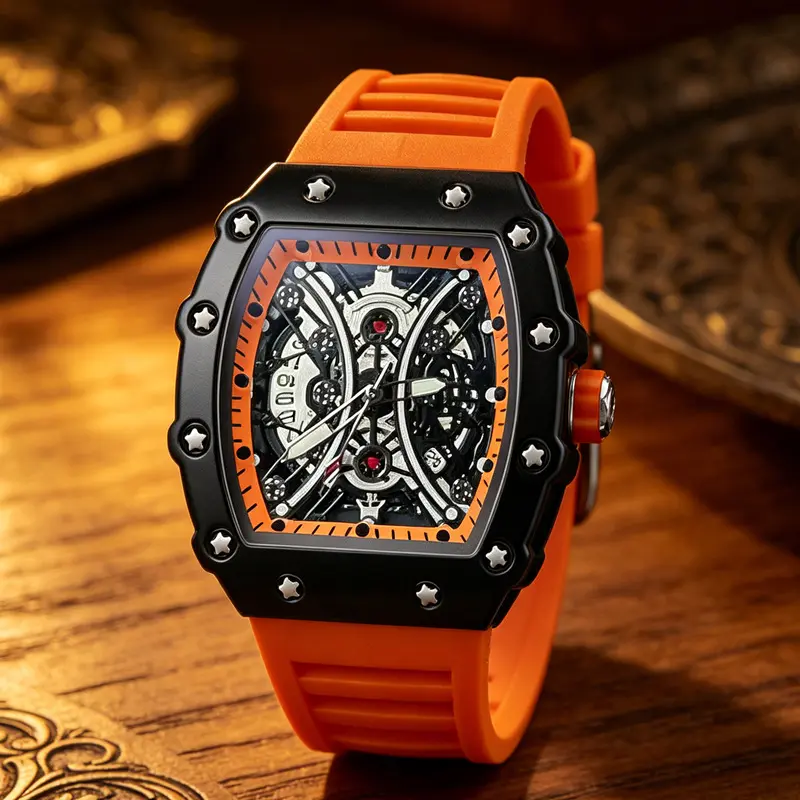 205ZD Men's Barrel Shape Watches, Cool Orange Male Quartz Wristwatch, Trendy Retro Style Watch For Man, Silicone Strap, Fashion Men Business Watch, Holiday Birthday Gifts