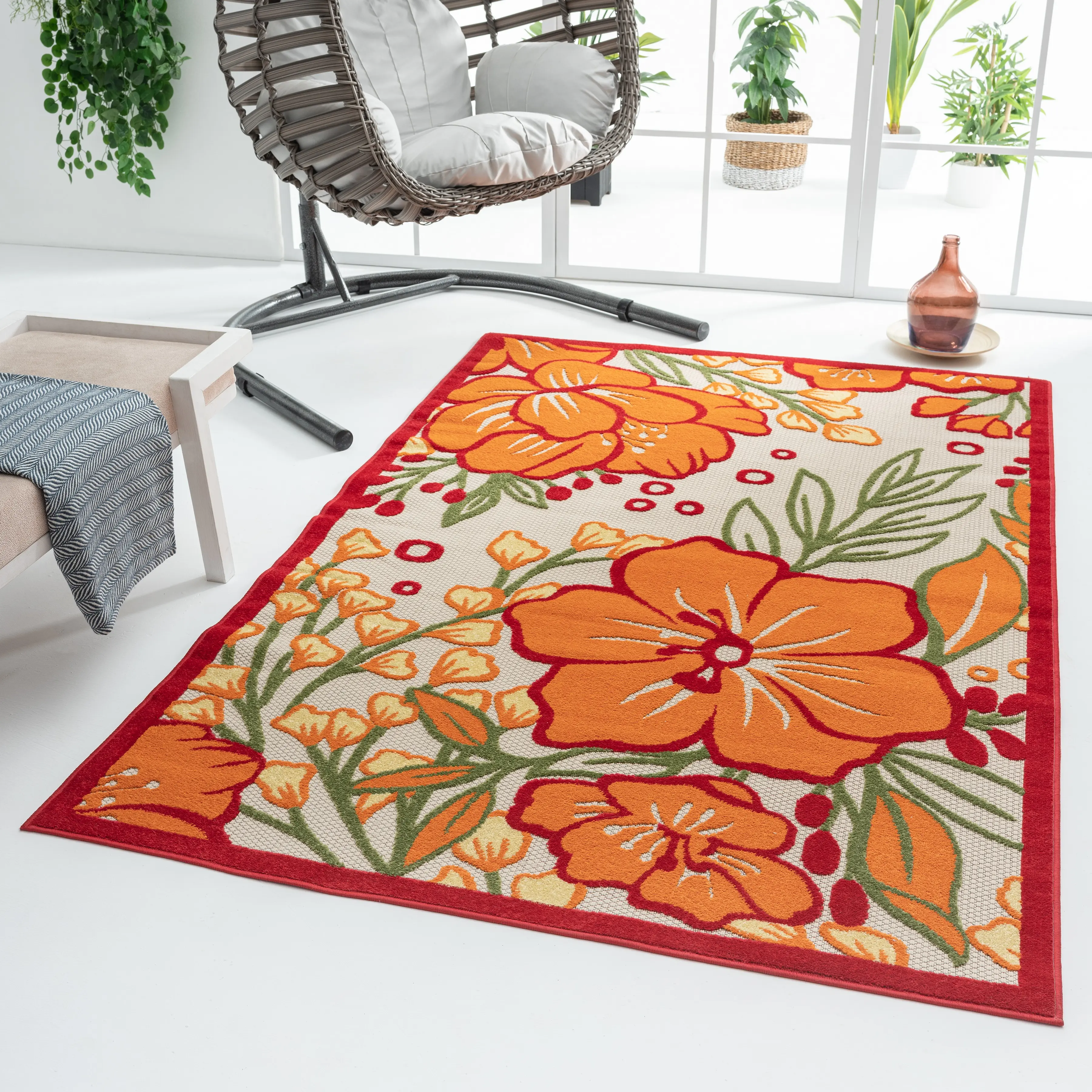 Tate Orange Tropical Hibiscus Flower Hi-Low Indoor/Outdoor Area Rug