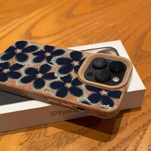 Vintage Navy Floral Cluster Phone Case for iPhone 17/16/15 Pro Max/14 Plus/13/12/11 Pro/Air| TPU + Faux Suede, Anti-Fingerprint Drop Protection Soft Case