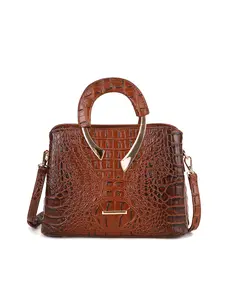 Chic Retro Brown Crocodile Pattern Satchel, Versatile Crossbody & Shoulder Bag with Detachable Strap, Elegant Dome Handbag for Daily & Date