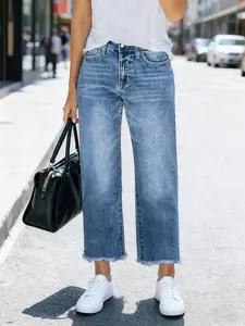 Washed Denim Frayed Hem High Waist Straight Leg Jeans, Casual Commuter Streetwear, Four-Season Wearable, Daily Essential