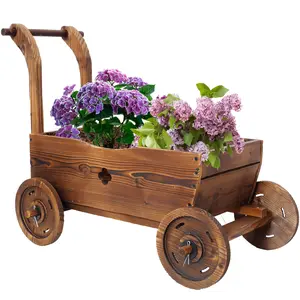 Wooden Wagon Planter Box with 4 Wheels Handle & Drain Hole for Indoor Outdoor Decor Brown Flower Cart for Patio Garden Balcony