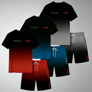 3 Sets - Men's Paris Style Ombre Gradient Short Sleeve T-Shirt & Shorts Casual Streetwear Set