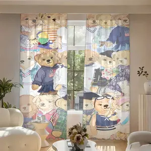 2pcs Creative Polo Bear Printed Blackout Curtains, Polyester Light Blocking Curtains for Kitchen Bedroom Office Living Room, Blackout Window Cover, No Rod Design