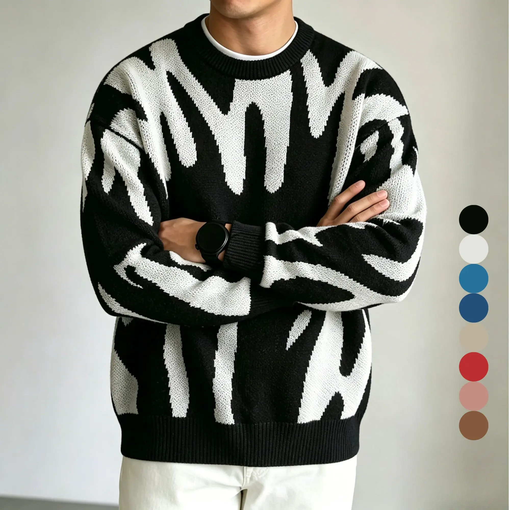 Men’s color-block abstract wavy jacquard crewneck sweater — loose, relaxed fit; trendy, versatile knit pullover top