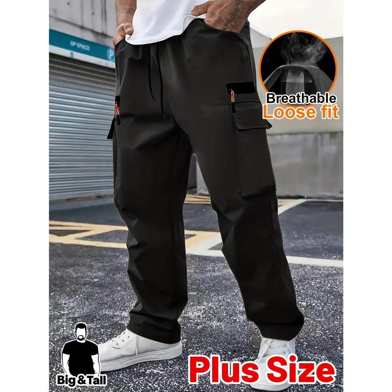 Men's Plus Size Full-Length Cargo Joggers (1XL-6XL, Including 2XL,3XL,5XL) - Breathable Sporty Casual Pants, Loose-Fit, Elastic Waist, Drawstring, Mock Zipper Pockets, Lightweight Solid Fabric, Machine Washable, Dry Clean Compatible
