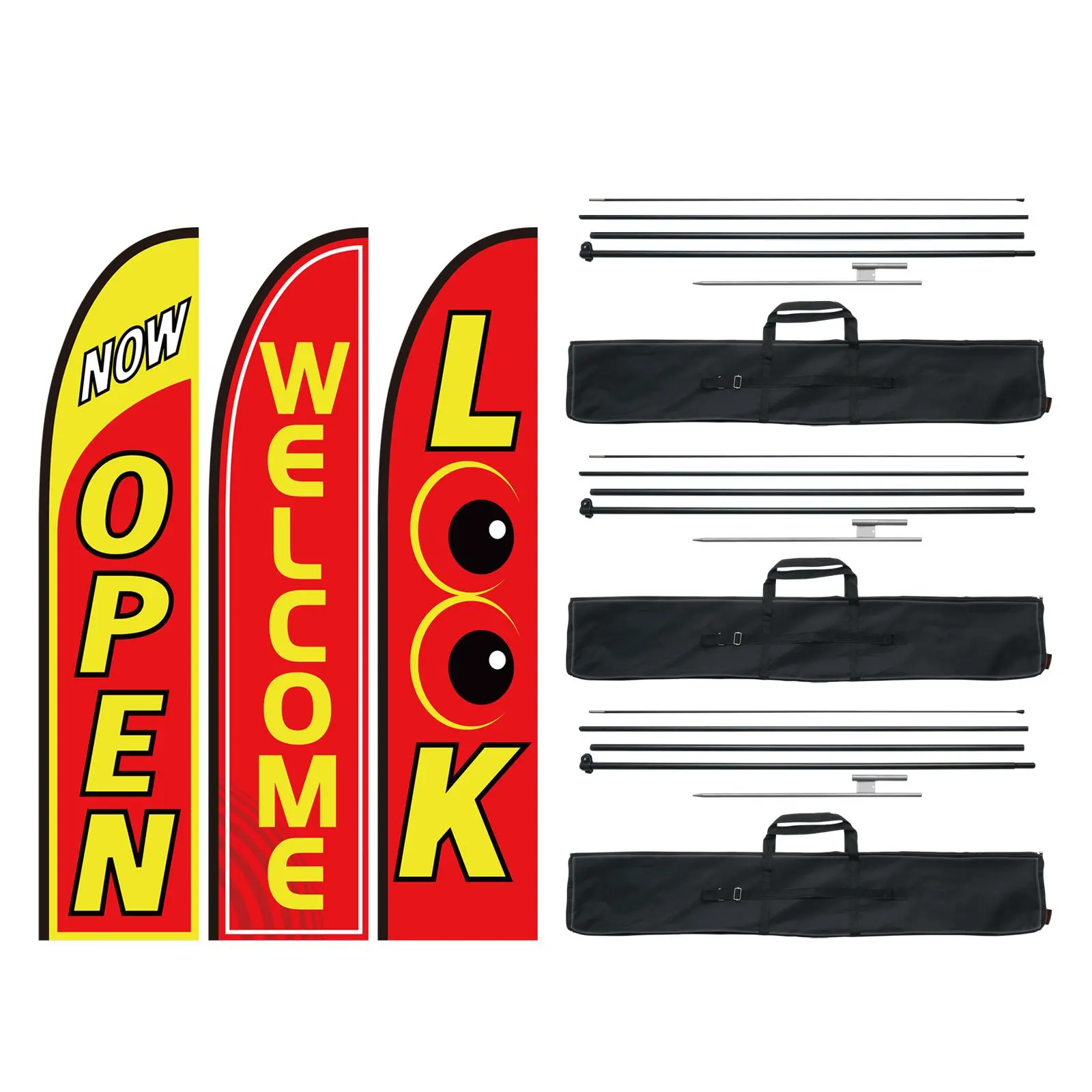 【BackToSchool】VEVOR Open Flags with Pole Kit, Advertising Flags for Business Outside, Advertising Feather Flag Kit, 3 Flags (Open, Look, Welcome), 3 Poles, 3 Ground Stakes, Swooper Flags for Businesses 16.3 FT Aluminum Banners