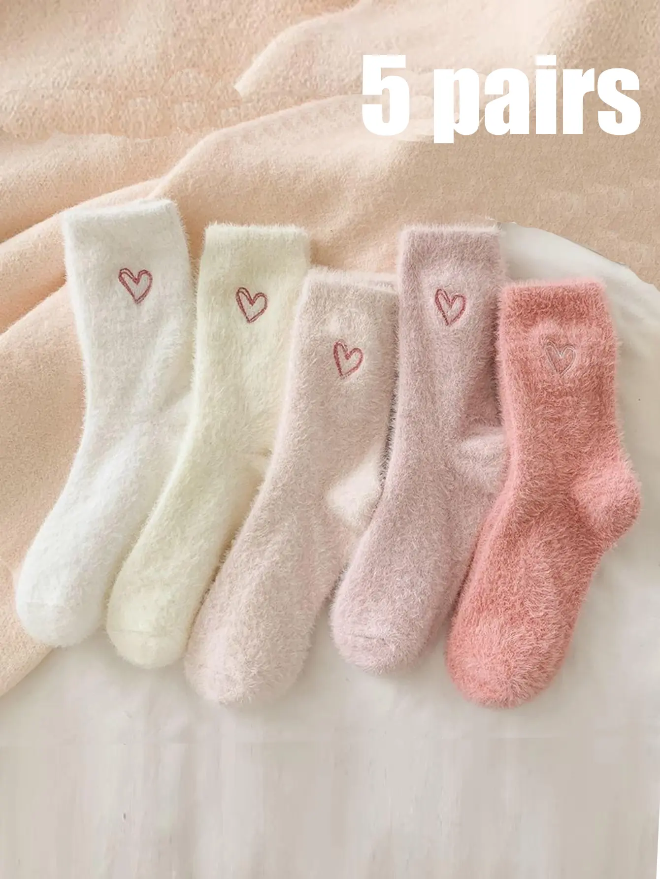 5 Pairs Faux Fur Butterfly Knot Design, Cute Sweet Mid-Calf Sleepwear Warm Thickned Socks For Women, Bow-Patterned Fleece-Lined Warm Socks, Valentine’s Day Gift Soft And Comfortable