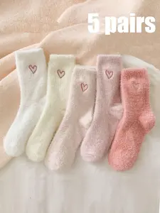 5 Pairs Faux Fur Butterfly Knot Design, Cute Sweet Mid-Calf Sleepwear Warm Thickned Socks For Women, Bow-Patterned Fleece-Lined Warm Socks, Valentine’s Day Gift Soft And Comfortable