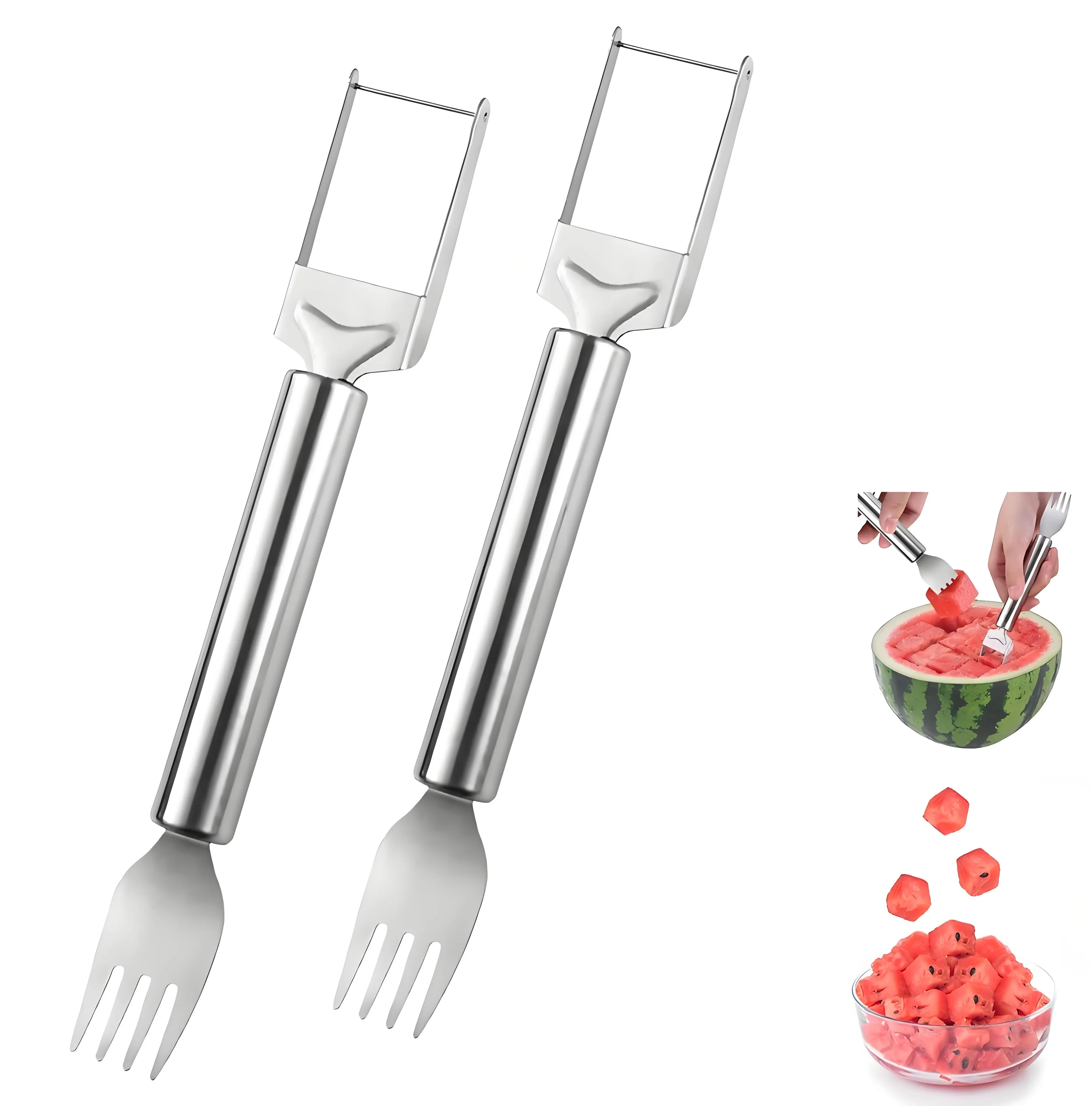 【2 Pack】2-in-1 Polished Stainless Steel Watermelon Fork Slicer with Square Blade, Dual-Head Round Handle Fruit Cutlery, Durable Kitchen Utensil Tableware for Family Outdoor Use, Less Juice Splash
