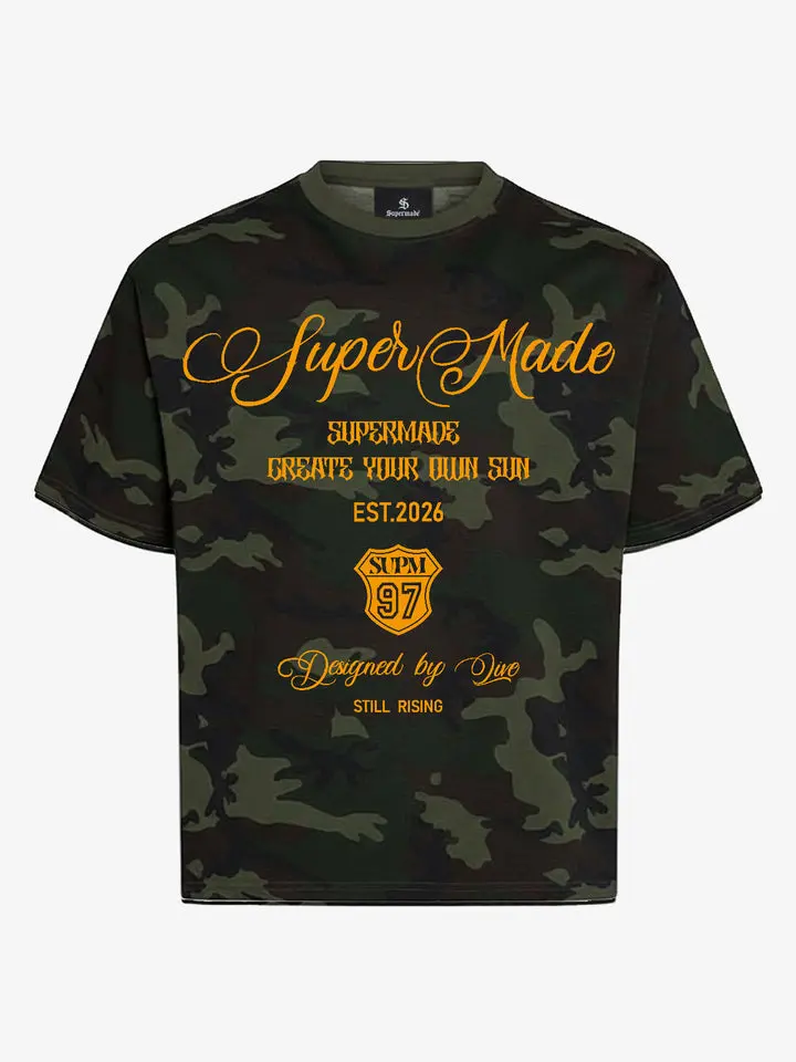 Thesupermade Camouflage Script Logo Graphic T-Shirt | Ornamental Lettering All-Over Camo Streetwear Tee Men Women